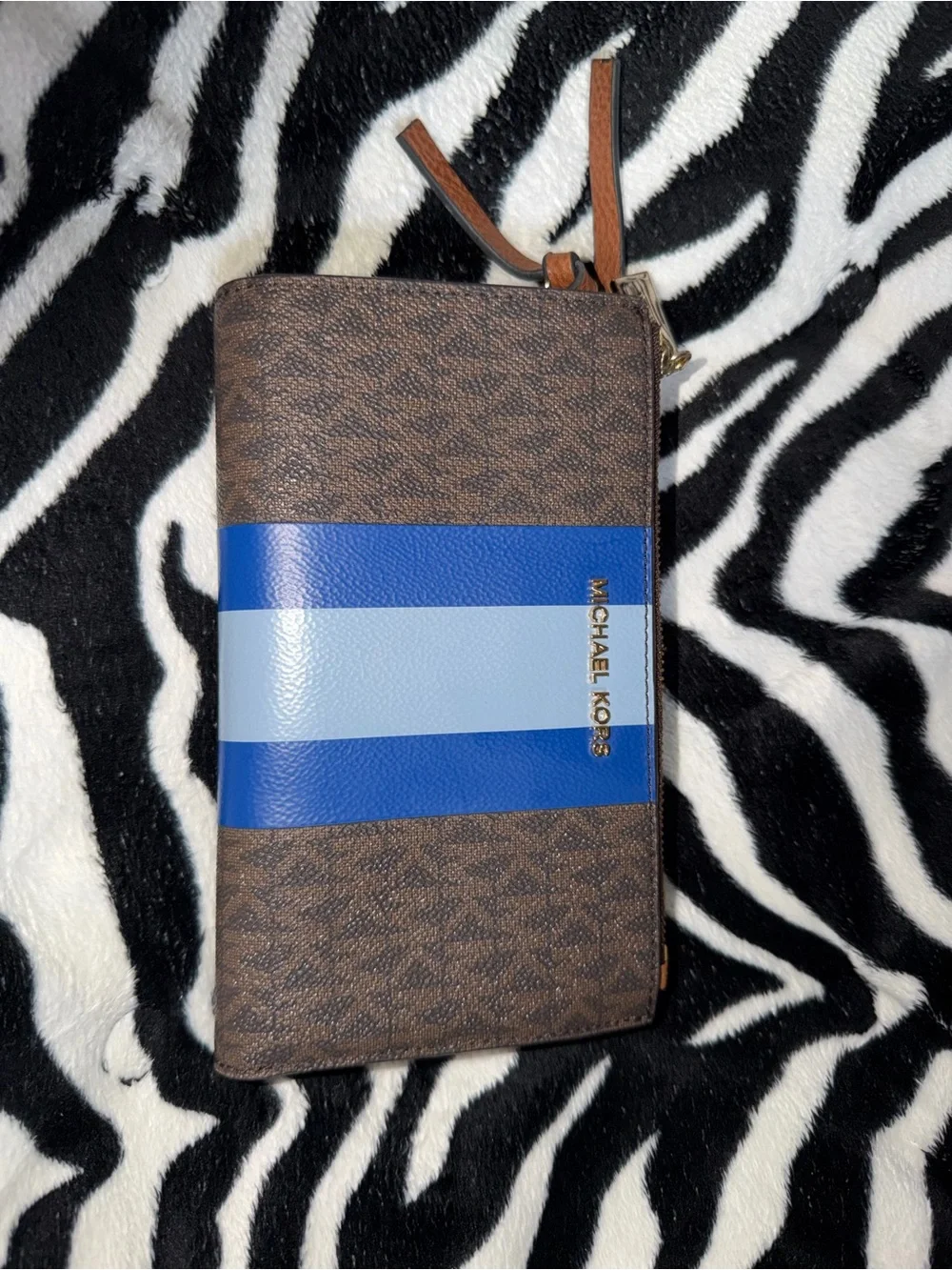 Michael Kors Brown Wristlet with Blue and Light Blue Stripes
